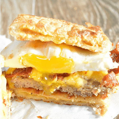 This ultimate breakfast sandwich is made with Pillsbury Toaster Scrambles, egg, bacon, sausage, and ooey gooey melty cheese