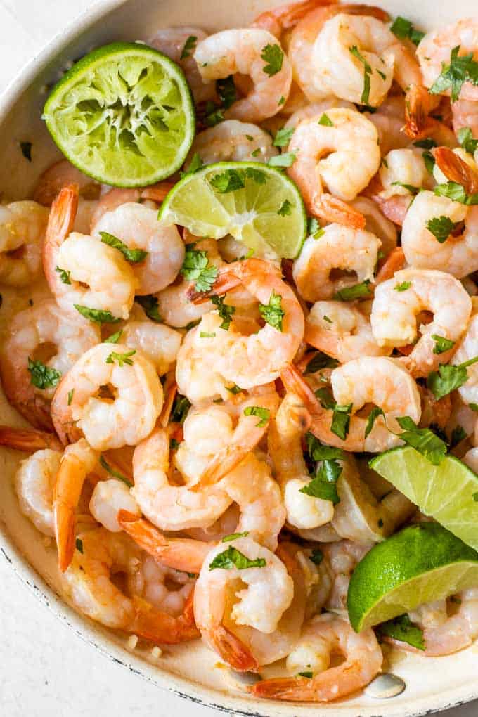 Cilantro lime shrimp in a skillet.