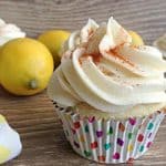 Lemon cupcakes topped with maple frosting.