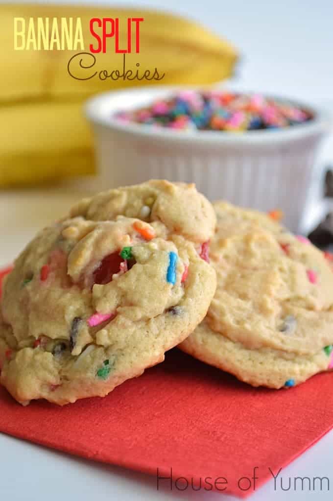 Banana split cookies. Banana pudding cookies loaded with chocolate chips, sprinkles, and maraschino cherries. 