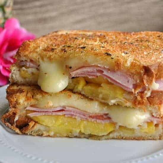 This grilled cheese is bursting with Jack cheese, pineapple, and Canadian Bacon!! Tastes just like a Hawaiian pizza! 
