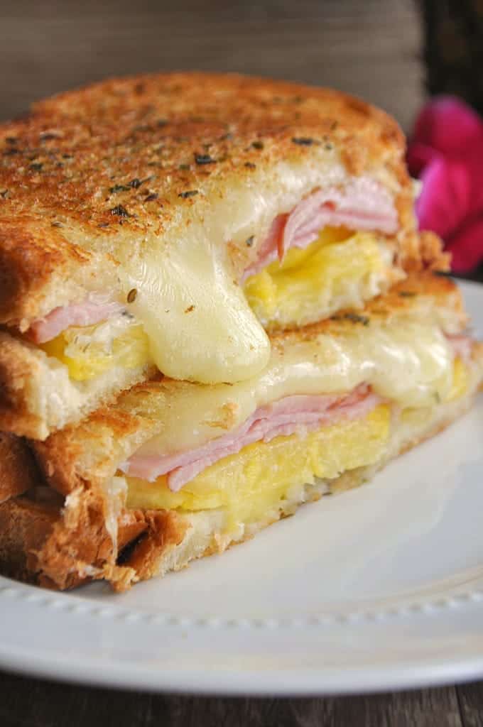 Stacked Hawaiian Grilled Cheese Sandwich cut in half. 