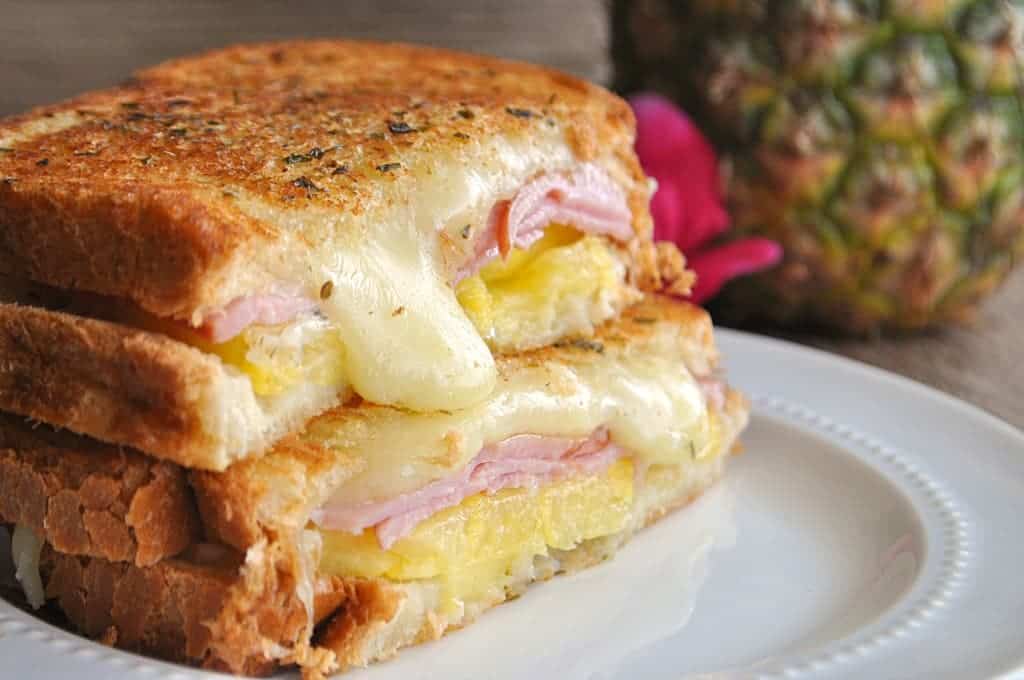 This grilled cheese is bursting with Jack cheese, pineapple, and Canadian Bacon!! Tastes just like a Hawaiian pizza! 