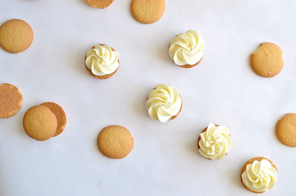 Banana mousse piped onto vanilla wafers. 