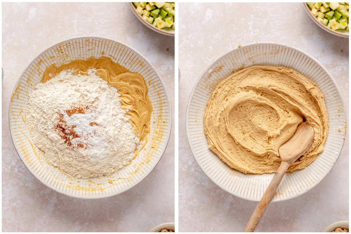 Flour added to muffin batter before and after mixing. 