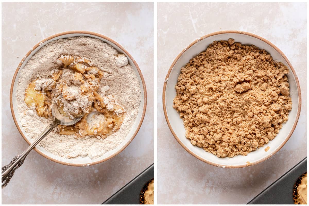 Preparing a crumb topping with melted butter. 