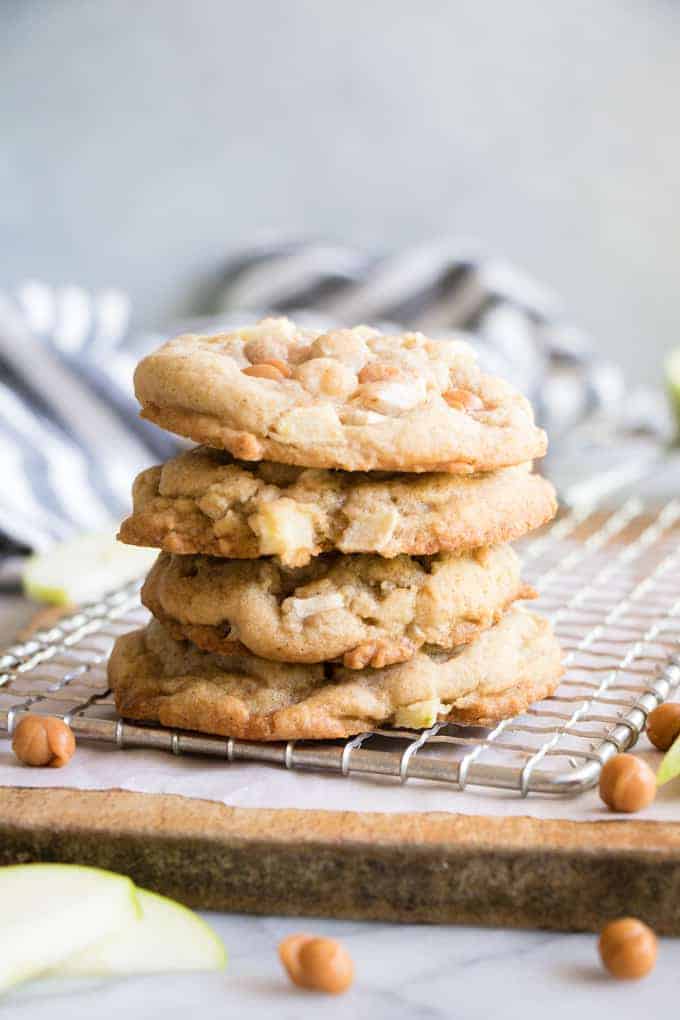A stack of soft caramel apple cookies.