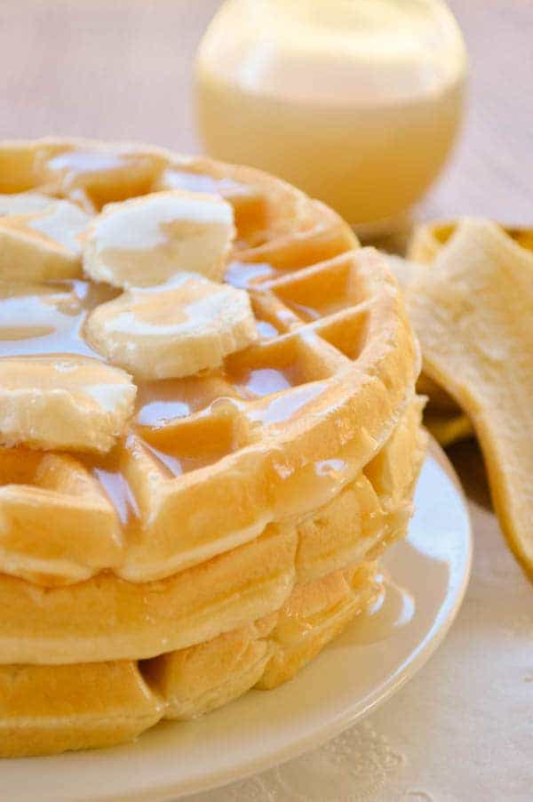 Banana Cream Waffles drenched with a homemade vanilla syrup.  