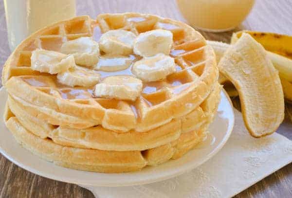 Banana Cream Waffles drenched with a homemade vanilla syrup.  