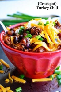 This crockpot Turkey Chili is so thick and hearty and bursting with flavor. Perfect for cuddling up with on a chilly day.