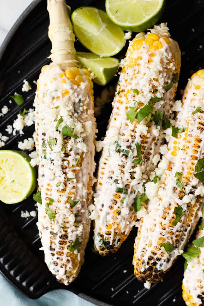 Corn on the cob, grilled and turned into Mexican Street Corn with a lime Crema, crumbled Cotija and cilantro.