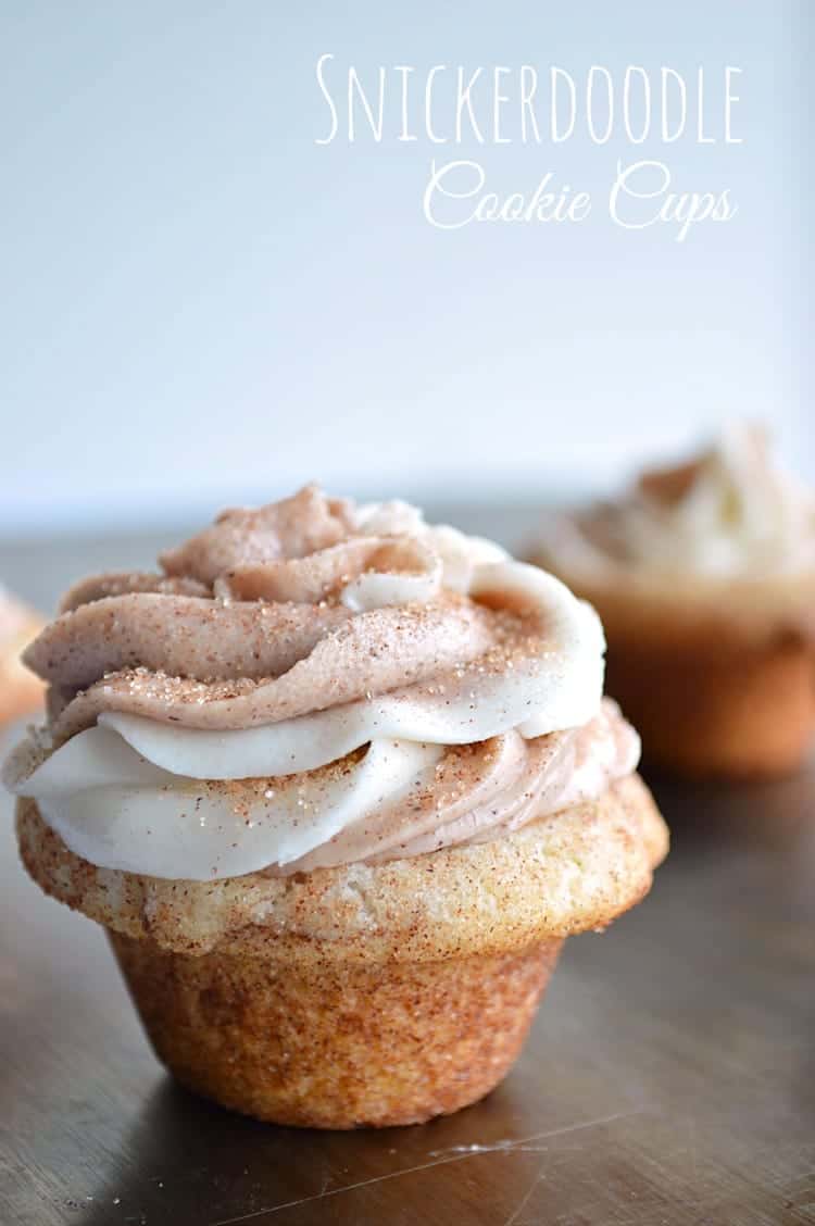 Soft and fluffy Snickerdoodle Cookie cups filled with sweet cinnamon and vanilla swirled frosting. 