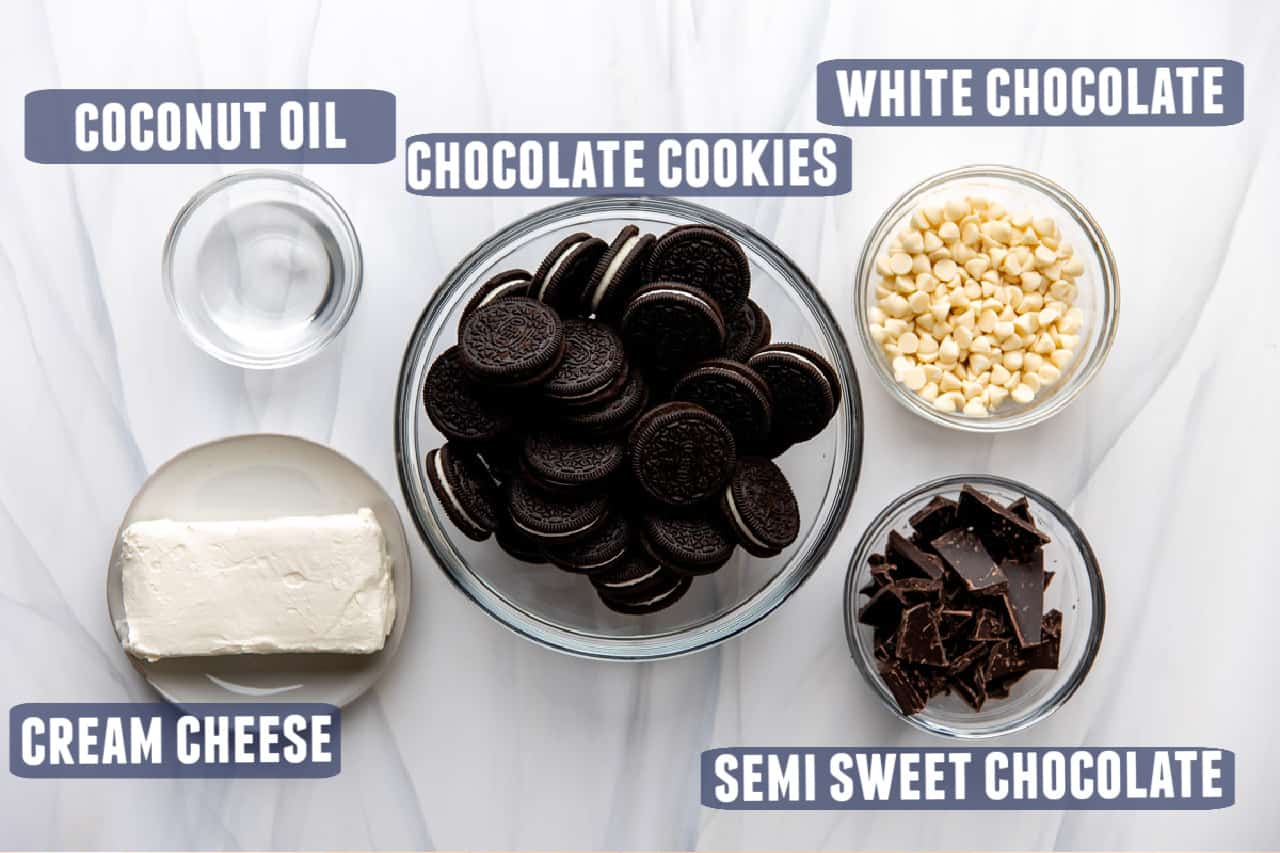Ingredients needed for making Oreo balls laid out on the counter. 