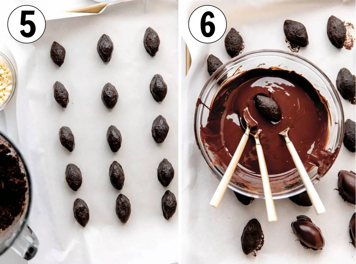Cookie mixture rolled into balls and shaped like footballs, then being dipped in chocolate.