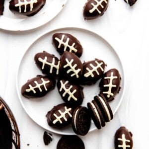 Plate of Oreo Balls shaped like footballs.