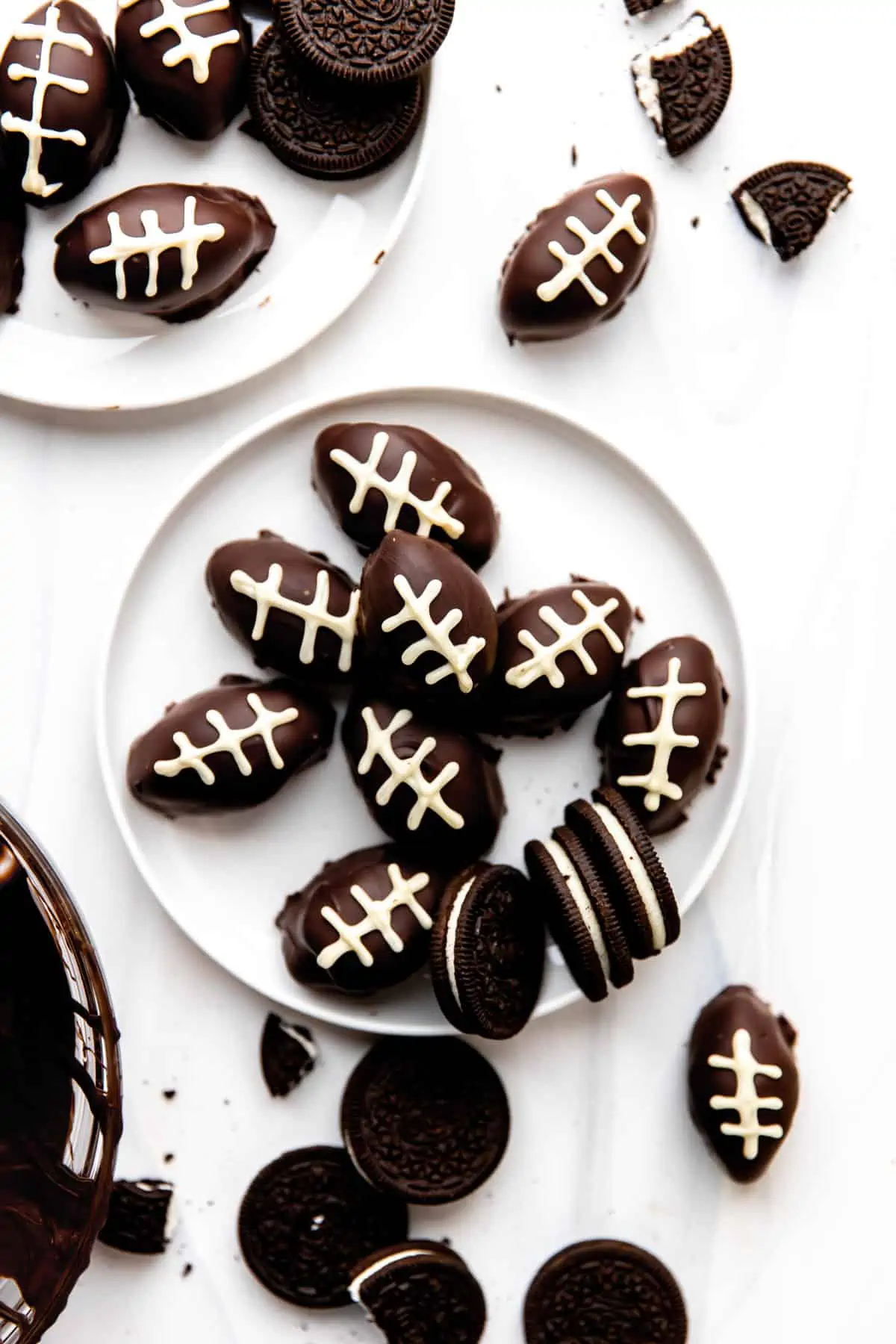 Plate of Oreo Balls shaped like footballs. 