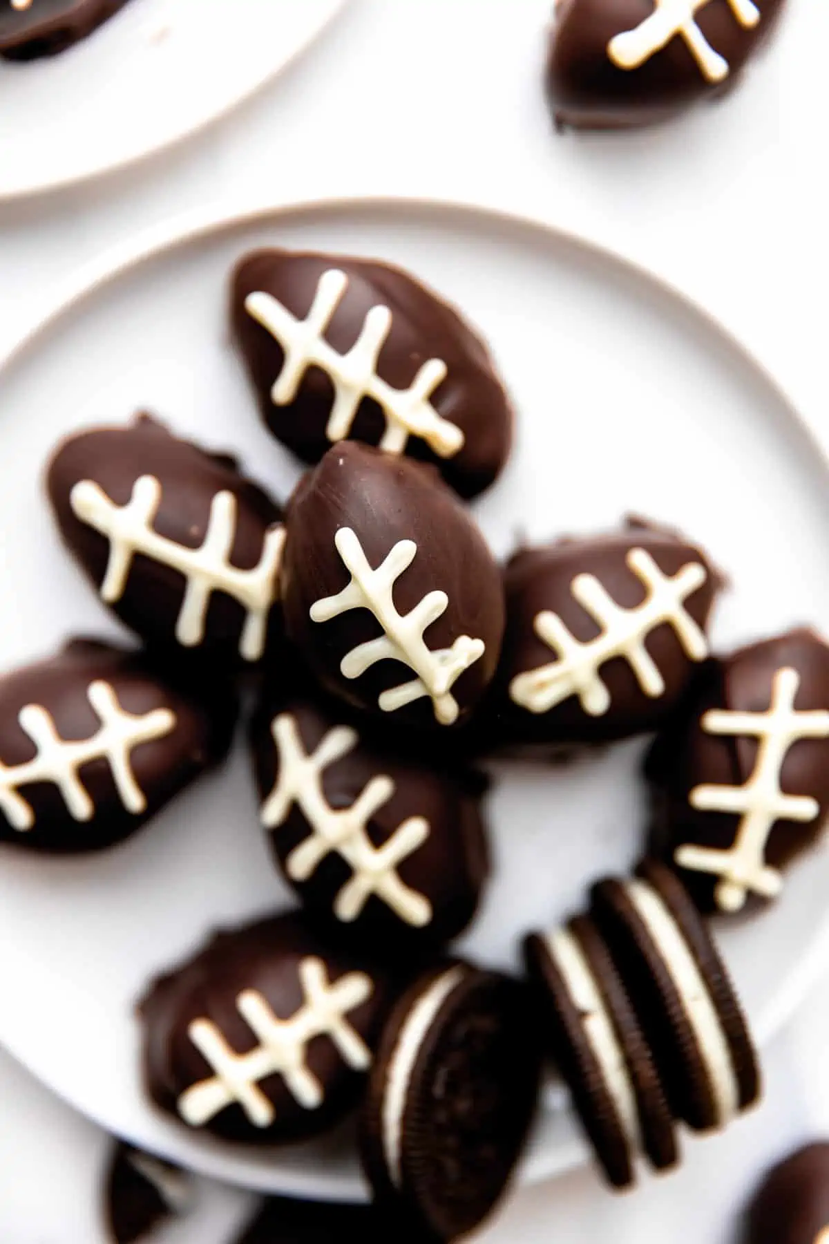 Plate of Oreo Balls shaped like Footballs.