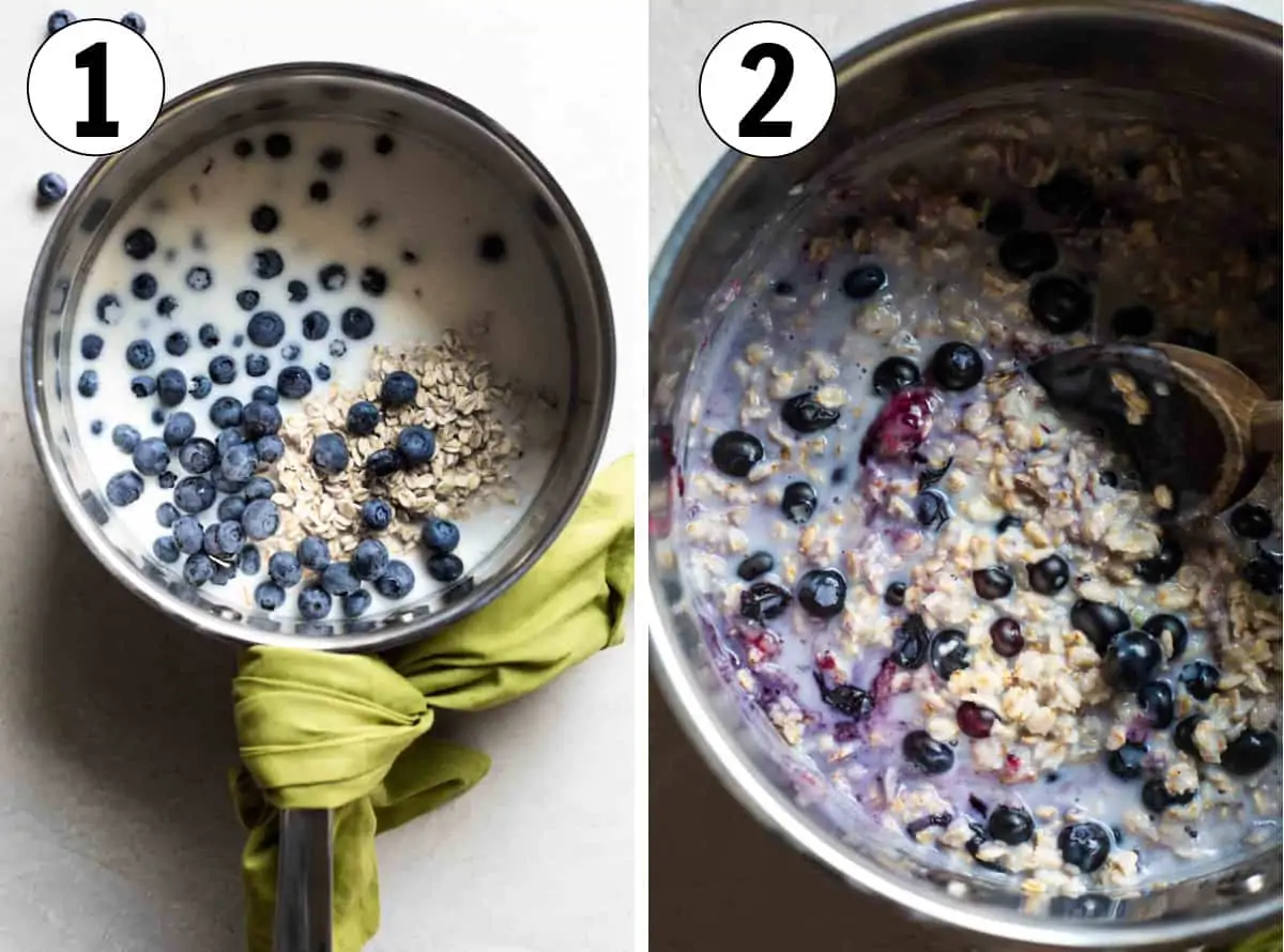 Step by step photos showing a saucepan filled with oats, milk and water with fresh blueberries, then the berries bursting in the oatmeal after cooking. 