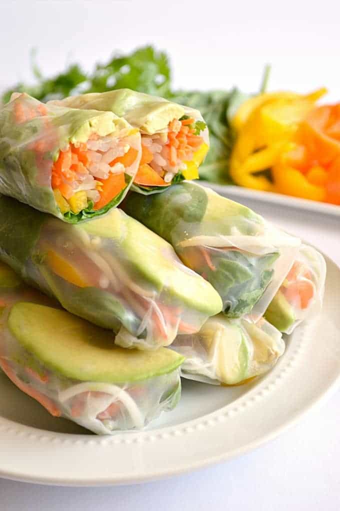 Avocado Summer Rolls served with a Sweet 'N Spicy Cilantro Dipping Sauce.  