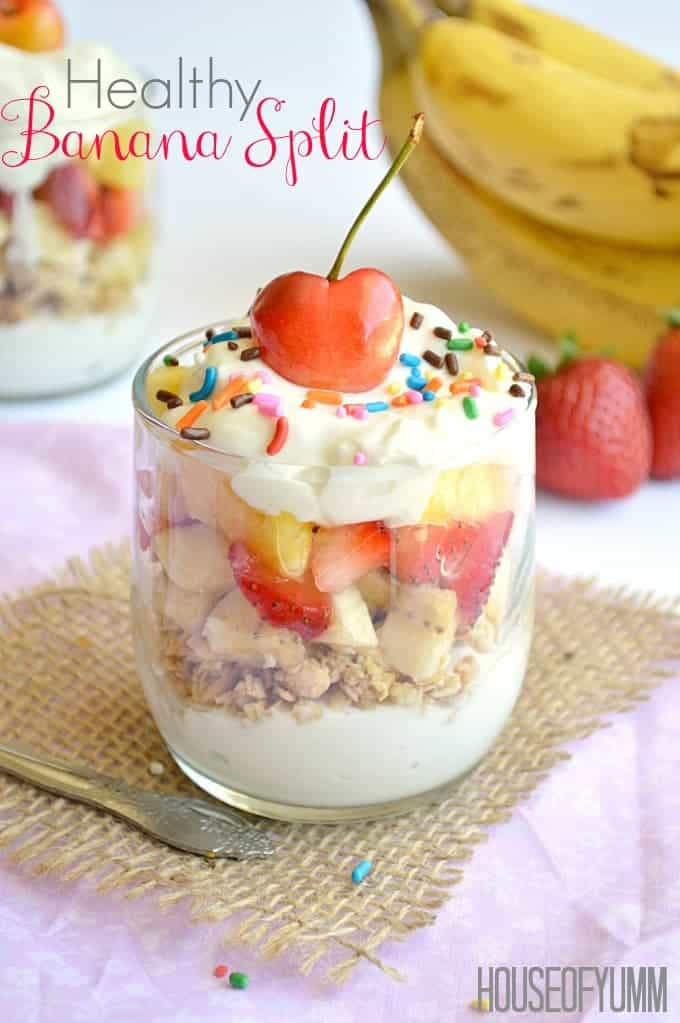 A healthy banana split parfait! Enjoy this skinny version of dessert for breakfast or dessert! 