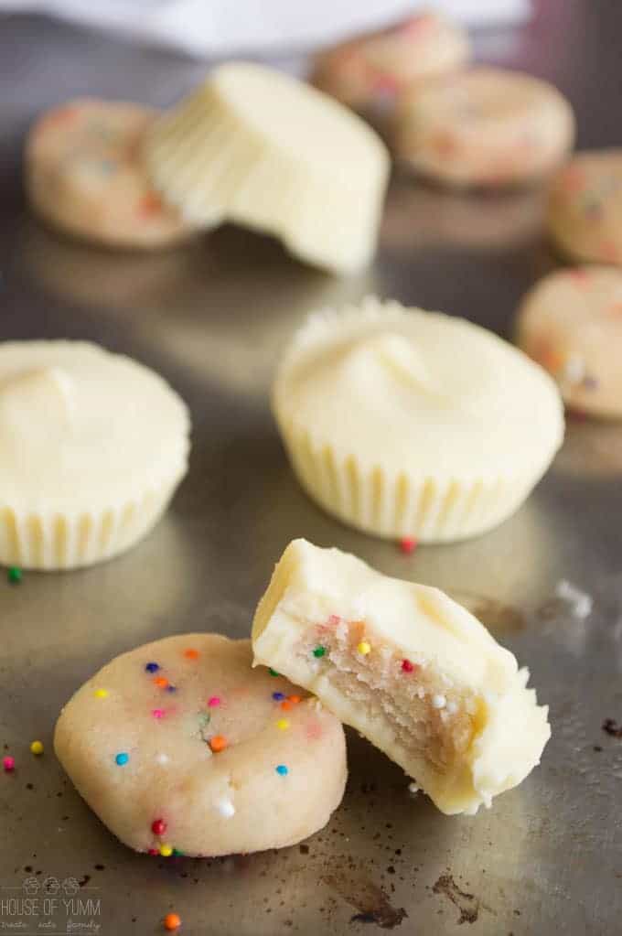 Possibly the BEST dessert I've made!  White chocolate cups filled with edible cake batter. 
