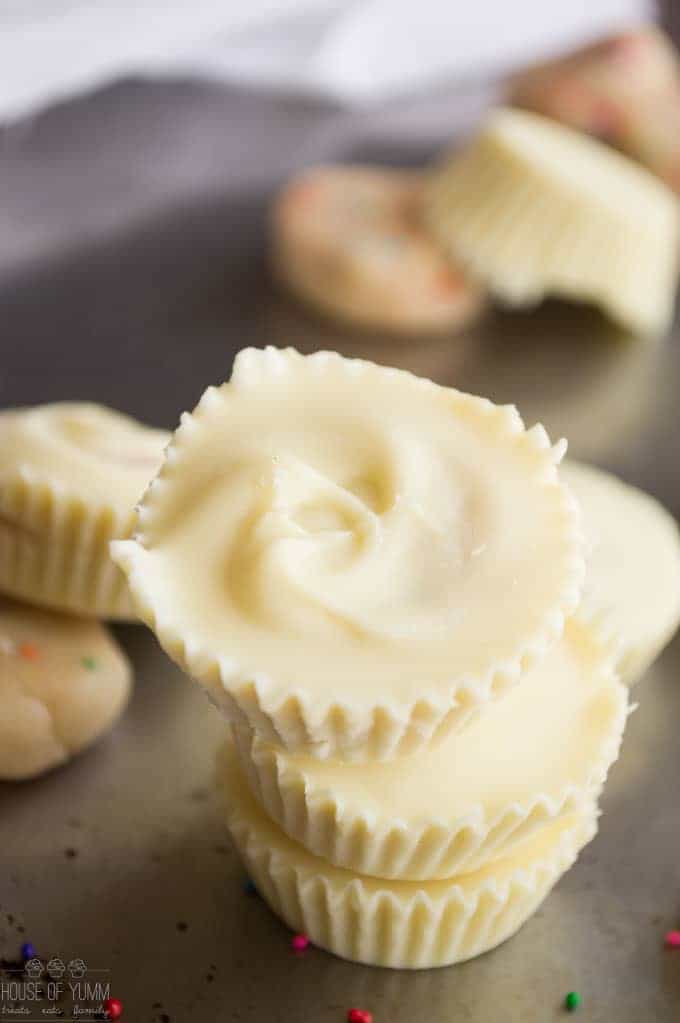 Possibly the BEST dessert I've made!  White chocolate cups filled with edible cake batter. 