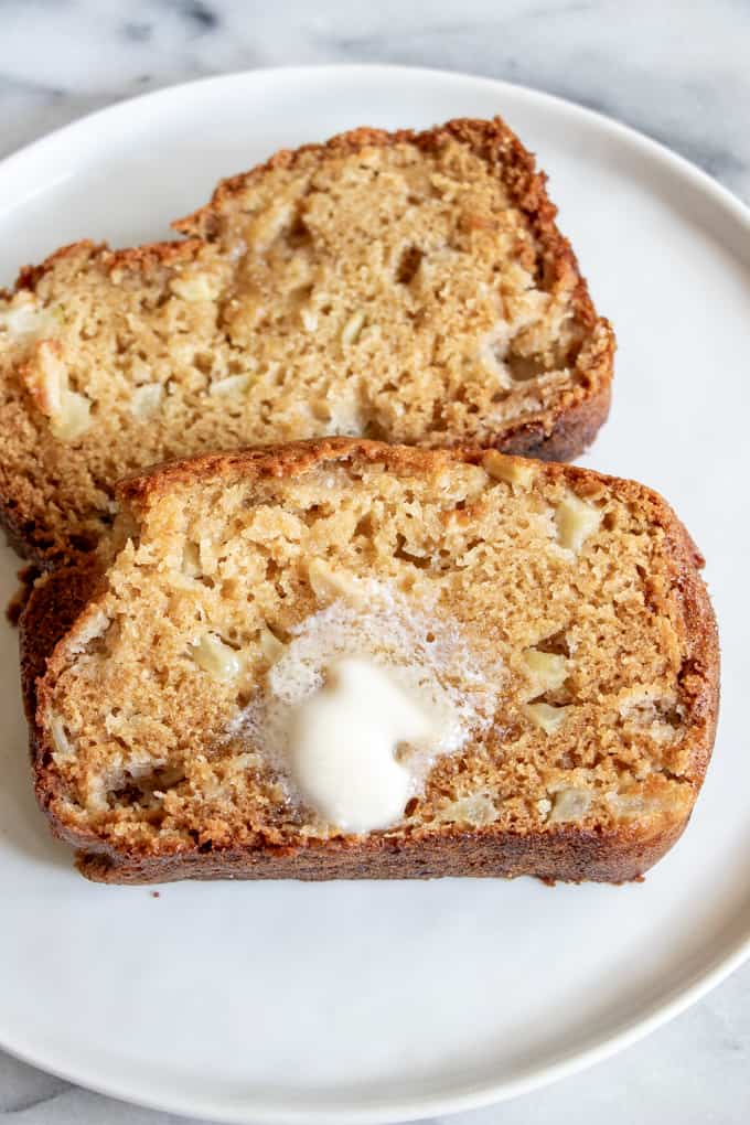 Slices of apple bread with melting butter.