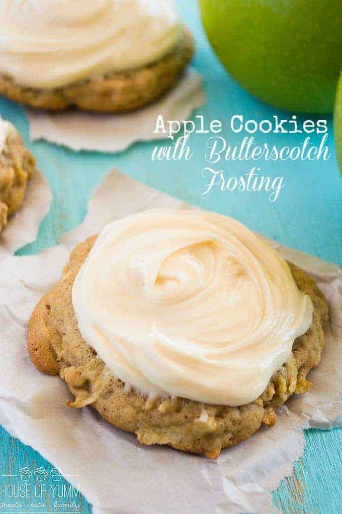 Soft & thick Apple Cookies. Topped with a sweet, fluffy cream cheese butterscotch frosting. These are a MUST make for Fall!