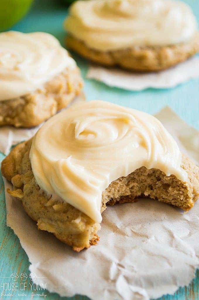 Soft & thick Apple Cookies. Topped with a sweet, fluffy cream cheese butterscotch frosting. These are a MUST make for Fall!
