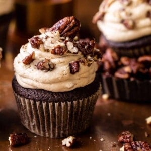 Chocolate Bourbon Pecan Pie Cupcakes with Butter Pecan Frosting by Half Baked Harvest.