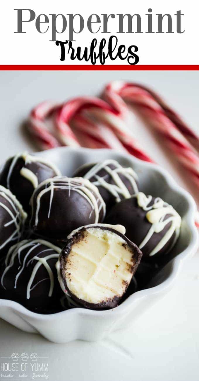 EASY 4 Ingredient Peppermint Truffles. Dreamy melt in your mouth creamy peppermint white chocolate ganache center. Dipped and drizzled with chocolate. Perfect Christmas dessert!