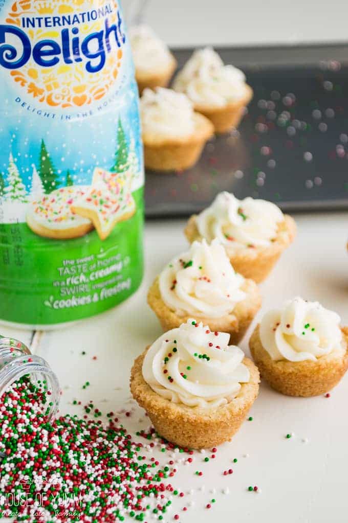 Sugar Cookie Cups! EASY to make cookie cups topped with a smooth and creamy SUGAR COOKIE FROSTING! Perfect Christmas treat