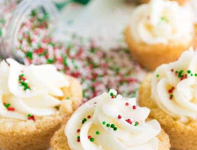 Sugar Cookie Cups! EASY to make cookie cups topped with a smooth and creamy SUGAR COOKIE FROSTING! Perfect Christmas treat