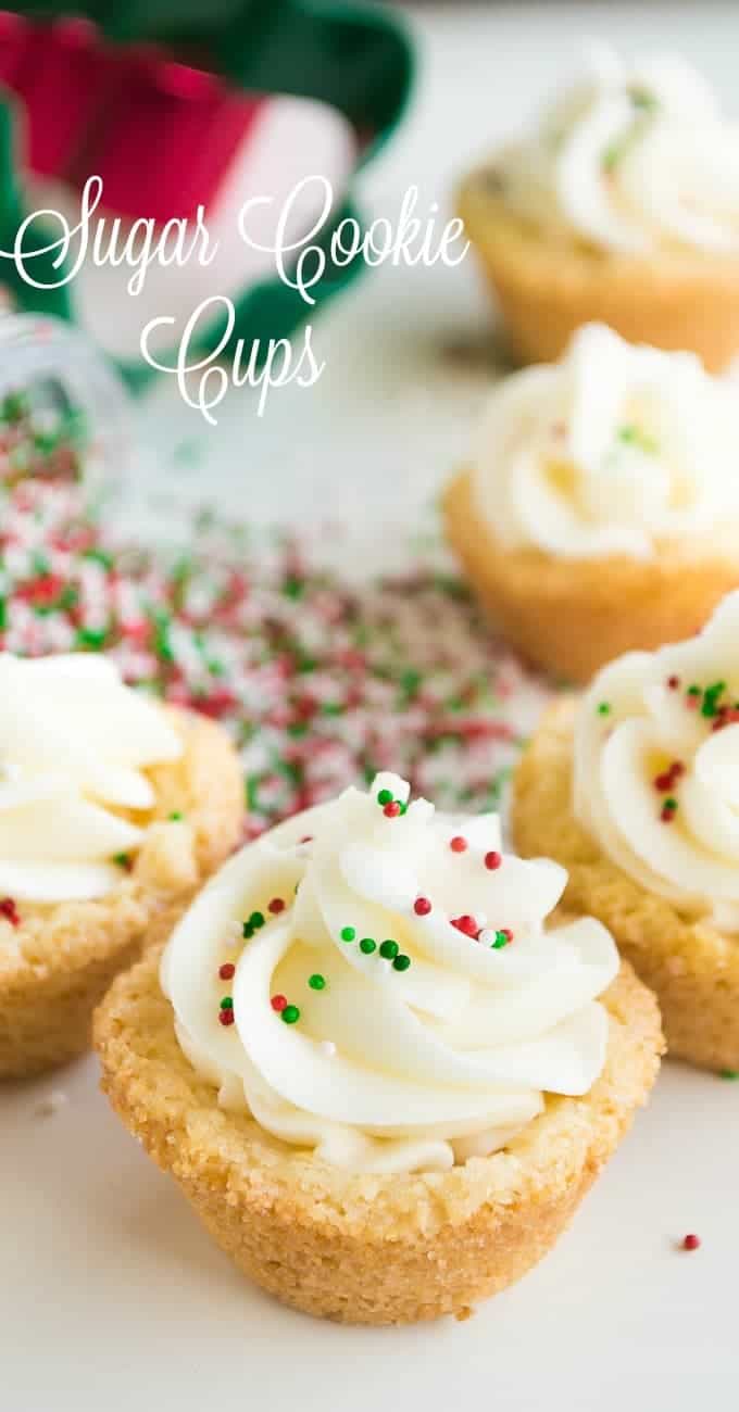 Sugar Cookie Cups! EASY to make cookie cups topped with a smooth and creamy SUGAR COOKIE FROSTING! Perfect Christmas treat