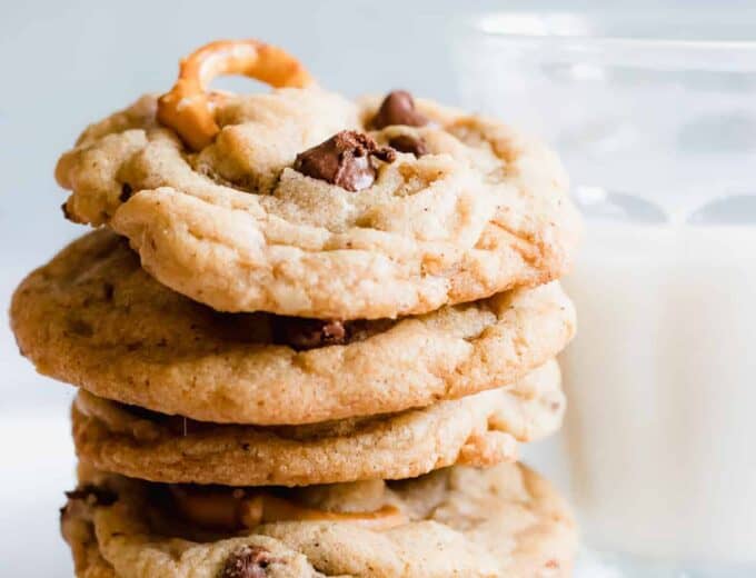 These brown butter chocolate chip cookies are loaded with toffee bits and pretzels creating the perfect blend of sweet and salty to satisfy any craving!