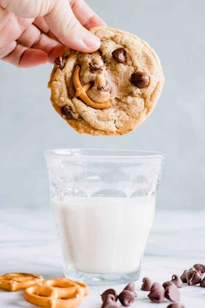 These brown butter chocolate chip cookies are loaded with toffee bits and pretzels creating the perfect blend of sweet and salty to satisfy any craving!
