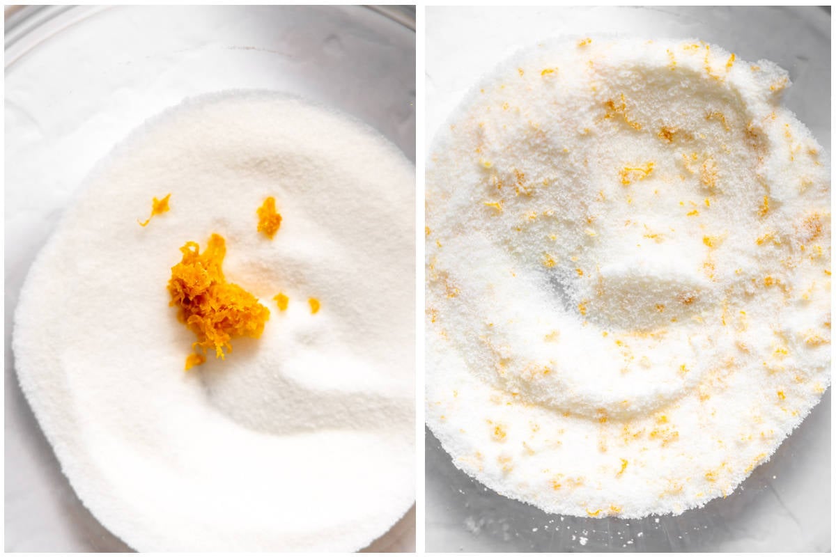 Orange zest in a bowl of sugar before and after mixing. 