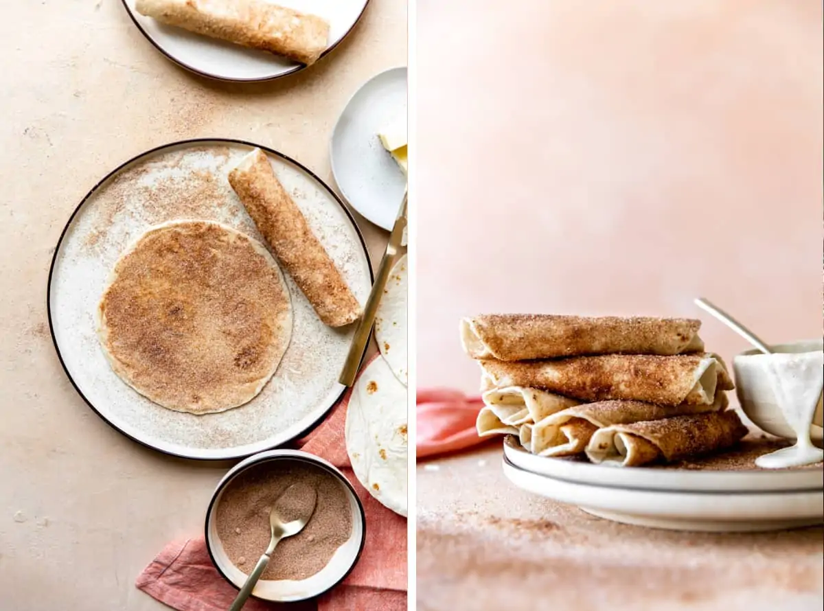 Step by step picture showing sprinkling cinnamon sugar over the tortillas, then being rolled. And a stack of tortillas rolled up on a plate with a bowl of glaze. 