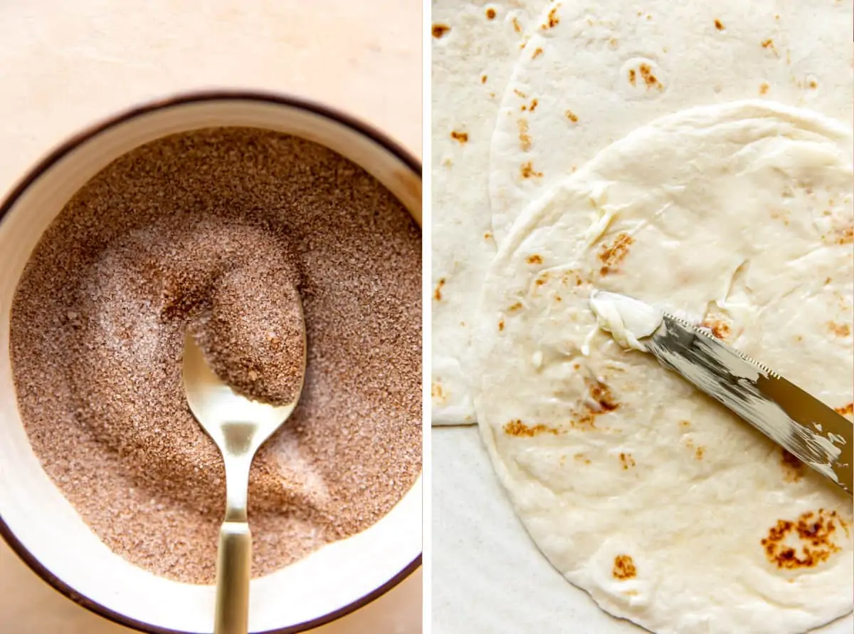 Step by step picture showing cinnamon sugar being mixed, and butter being spread on a warm flour tortilla. 