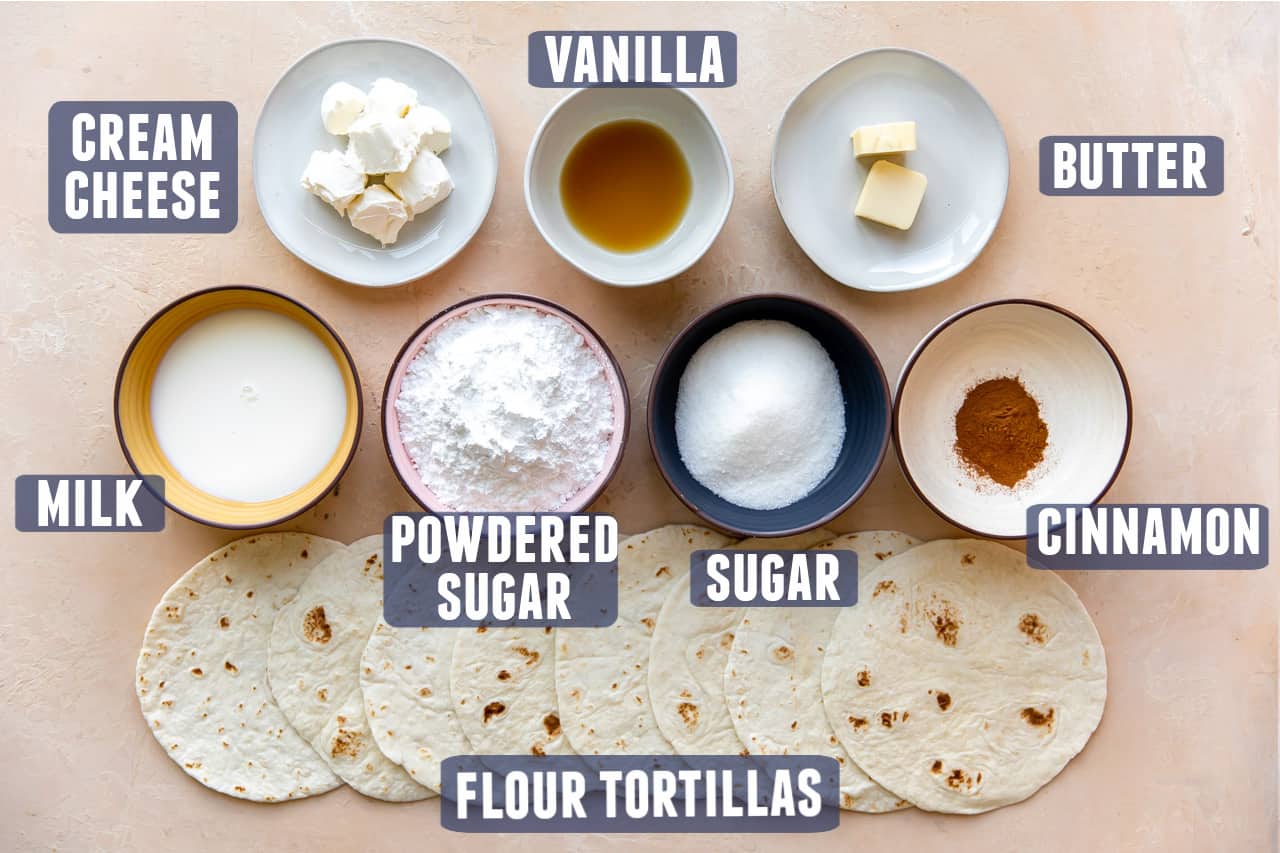 Ingredients for Cinnamon Sugar Tortillas laid out on the counter. 