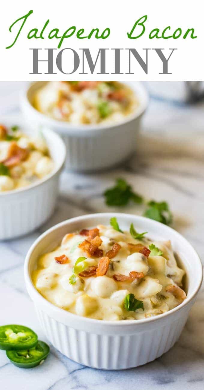 Jalapeño Bacon Hominy is ULTIMATE comfort food. This easy to make super creamy white cheddar hominy is loaded with bacon and jalapeño for extra flavor and heat. Perfect side dish!