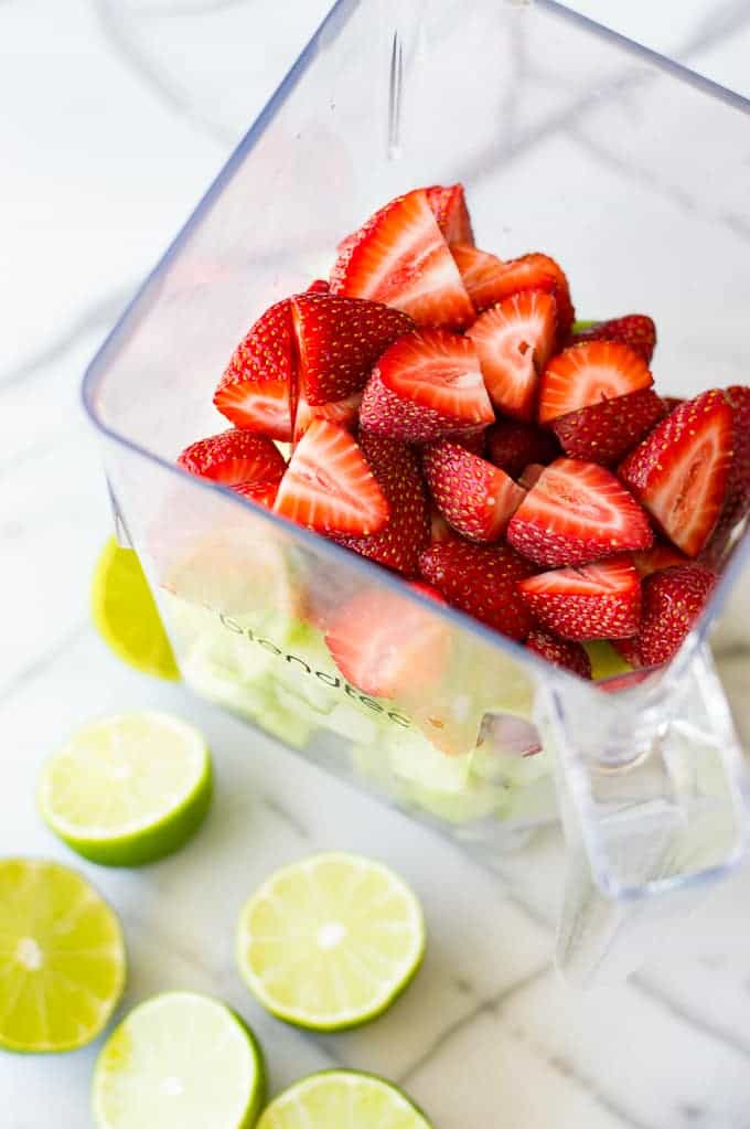 Cool and refreshing Strawberry Cucumber Lime Agua Fresca. This fruit infused water is free of refined sugars and perfect for sipping on hot summer days! 