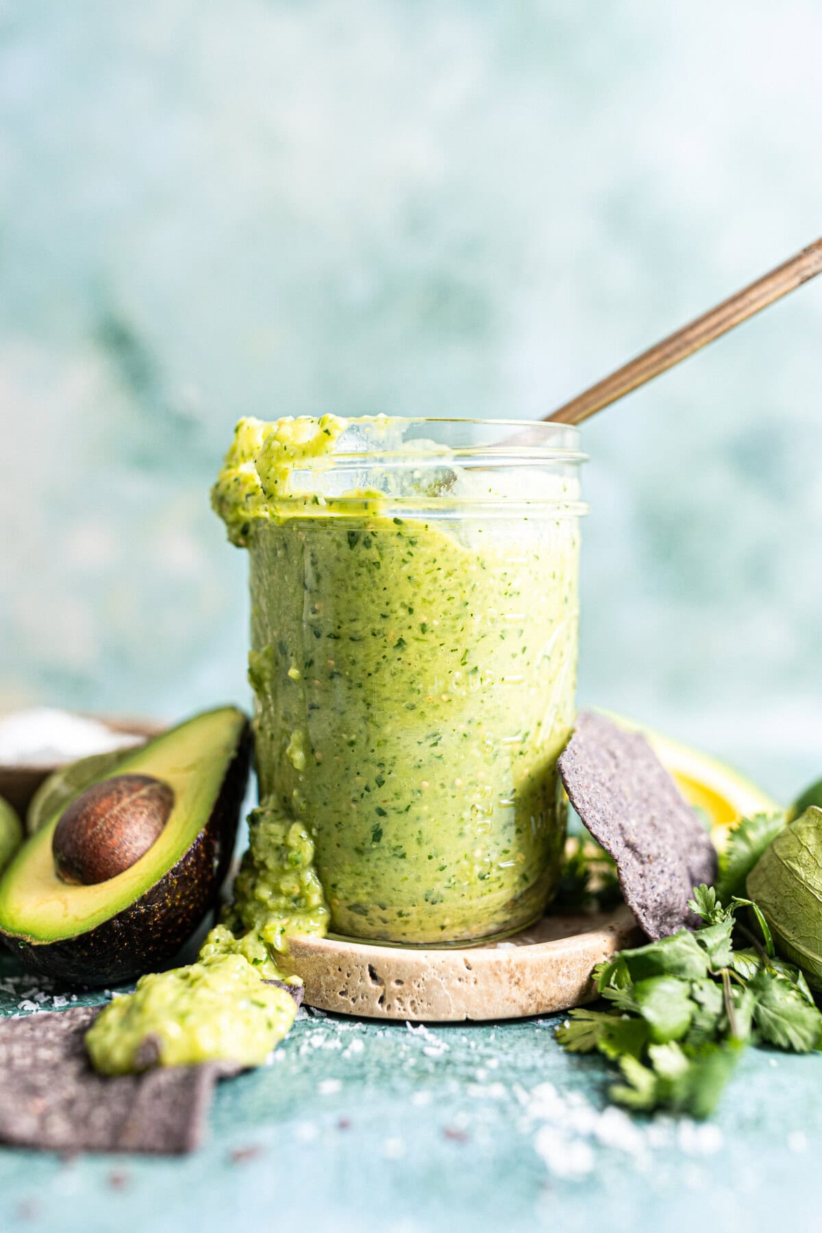Jar of avocado salsa.