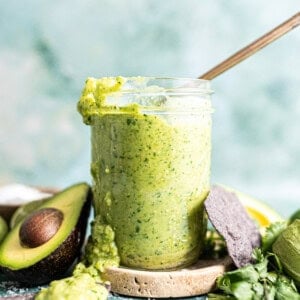 Jar of avocado salsa.