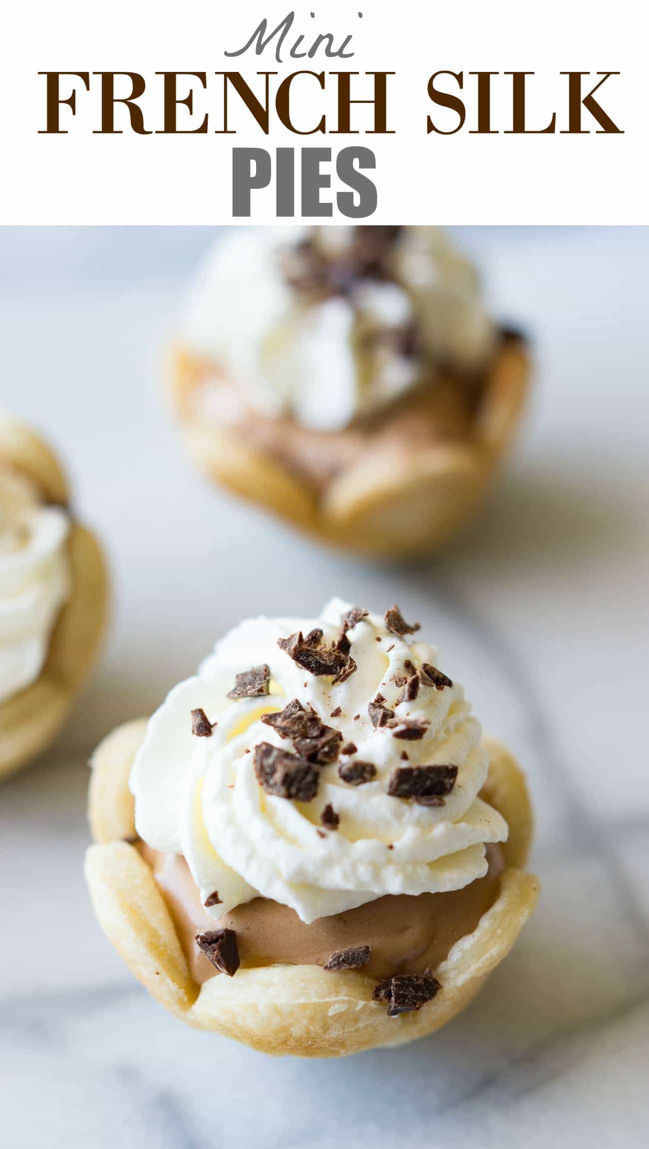 Mini French Silk Pies. Easy to make than you probably think and decadently DELICIOUS! Silky, creamy, chocolate bliss topped with homemade whipped cream. All in bite size mini pies!