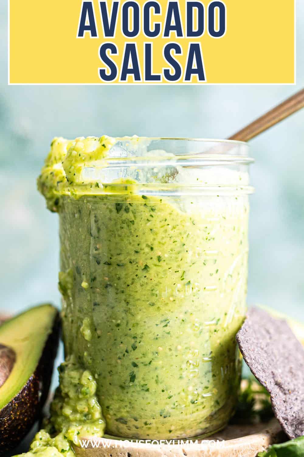 Avocado salsa with text.