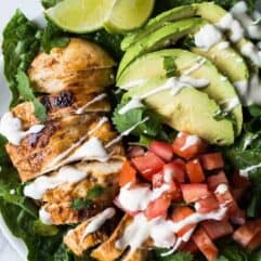 This tender, juicy, zesty chili lime chicken is perfect for topping your salad! This easy recipe takes just minutes to prepare! Perfect for a weeknight dinner!