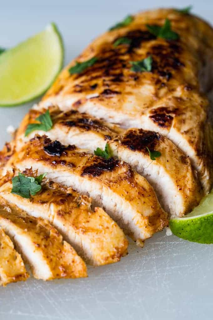 This tender, juicy, zesty chili lime chicken is perfect for topping your salad! This easy recipe takes just minutes to prepare! Perfect for a weeknight dinner!