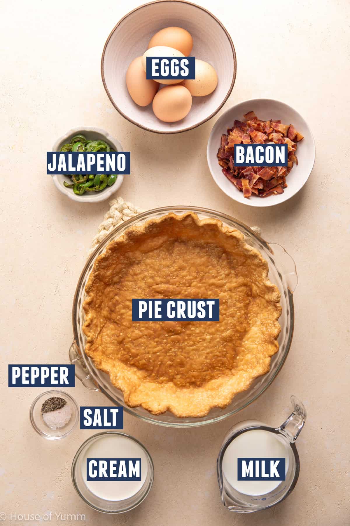 Ingredients needed to make jalapeño bacon quiche.