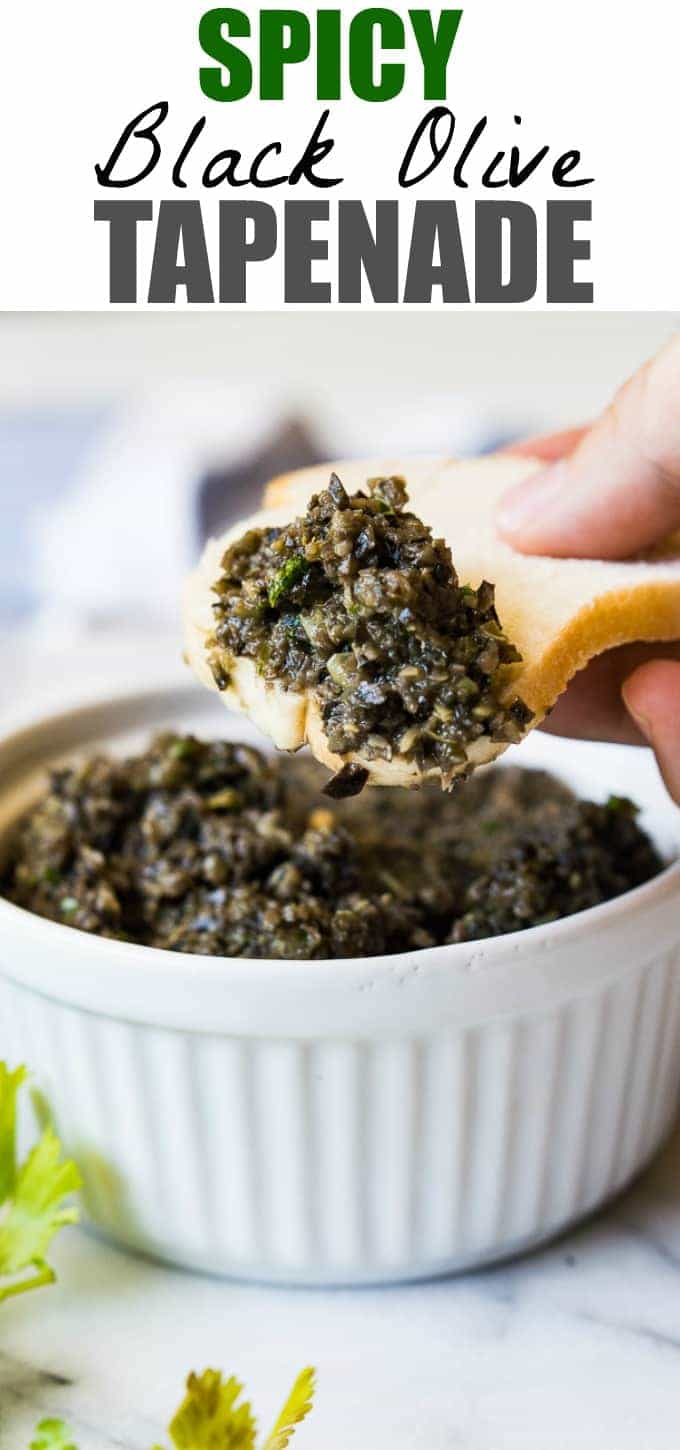 Spicy Black Olive Tapenade is the perfect appetizer made with pureed black olives, cilantro, lime juice, and jalapeños for a little bit of heat!